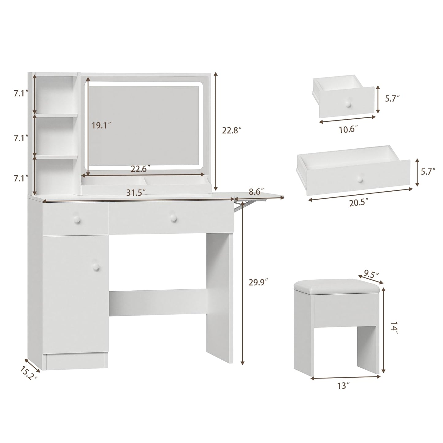 Haewon White Vanity Desk with Mirror and Lights, Makeup Vanity with Charging Station and 3 Lighting Modes, Dressing Table Set with Storage Cabinet, Drawers and Chair for Girls Bedroom