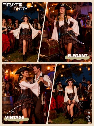 Verceco Pirate Costume Women Outfit with Renaissance Pirate Shirt Skirt Corset Waist Belt Womens Halloween Pirate Costumes...
