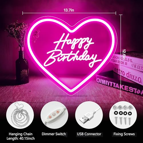 cxfyddp Happy Birthday Neon Sign, Pink, 13.7" x 12.5", LED, USB Powered, Dimmable Switch