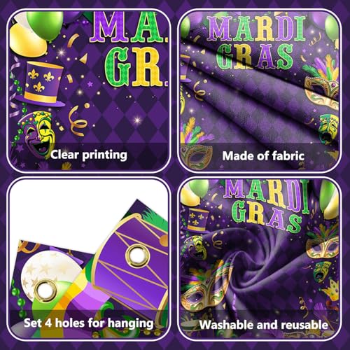 AIBIIN Mardi Gras Backdrop Mardi Gras Decorations Photo Booth Props Carnival Masquerade Mask Banner Purple Glitter Beads M...