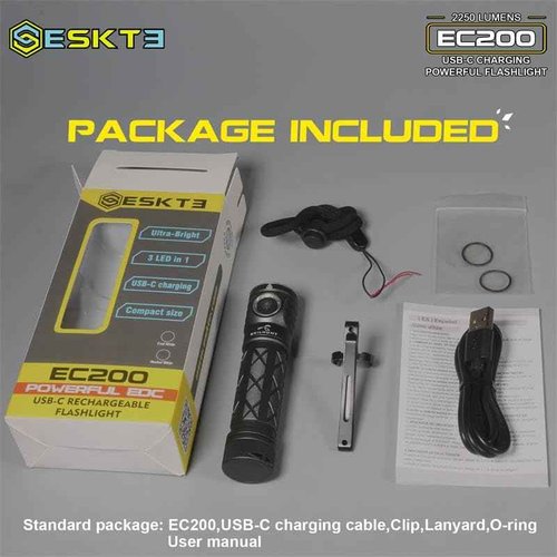 EC200 Powerful EDC 1550 lumens USB-C Rechargeable LED Flashlight - Lightweight, Compact Mini Pocket light Home use Camping Hiking Running Waterproof Outdoor Sports Hands-Free (High CRI 4500K, Grey)
