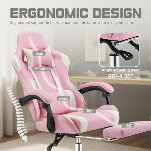 DUMOS Ergonomic Gaming Office Desk Chair with Footrest and Headrest for Adults, PU Leather Video Computer Chair with Linka...