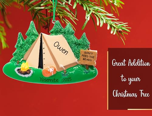 UniqXmas Personalized Camping Christmas Ornament 2025 for Campers - Free Customization | Tent with Glitter Trees Campfire ...