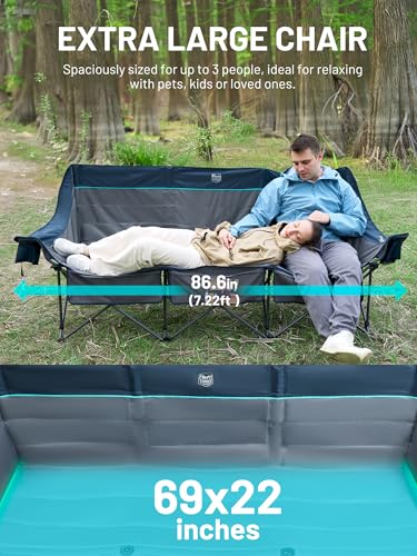 TIMBER RIDGE Padded 3 Person Camping Chair with Cup Holders and Pockets, Outdoor Folding Loveseat Camping Chairs, 1050lbs ...