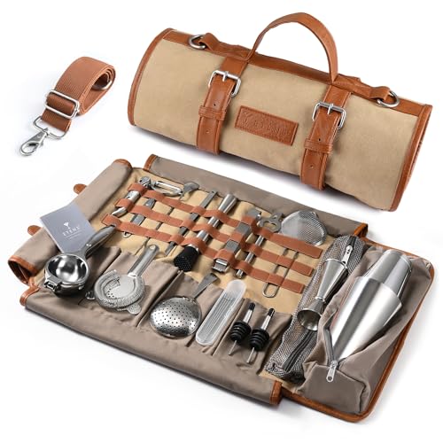 Etens Bartender Travel Kit with Waxed Bag | 22 Piece Bar Set in Roll | Portable Cocktail Tools for Home & Travelling Barte...