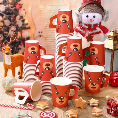 Mumufy 100 Pcs Christmas Disposable Cups with Handles 9 oz Xmas Coffee Paper Cups for Hot Chocolate, Cocoa & Beverages Bul...