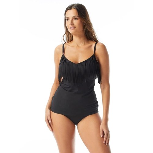 COCO REEF Elate Bra Sized V-Neck Underwire Tankini Top — Black Fringe Swim Top 40DD