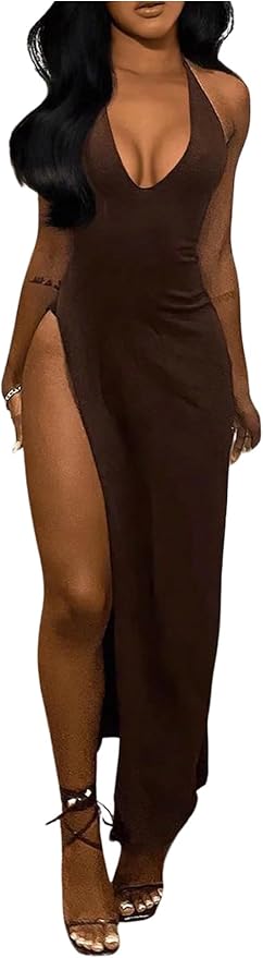 SOLY HUX Women's Halter Maxi Dress Sexy Deep V Neck High Split Backless Sleeveless Bodycon Cocktail Party Long Dresses