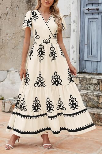 PRETTYGARDEN Womens 2025 Summer Casual V Neck Boho Maxi Dress Flowy Aline Bell Sleeve Tiered Floral Dresses with Pocket