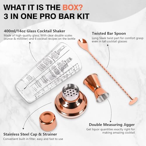 SAVORLIVING 14oz Glass Cocktail Shaker Set, Margarita Mixer-Shaker with Built-in Strainer and Measuring Jigger & Mixing Sp...