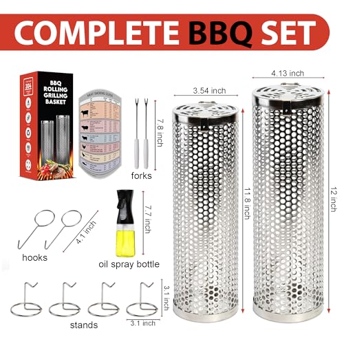 Rolling Grilling Baskets (2 PCS) - 360° Heavy Duty Stainless Steel BBQ Basket, Complete Set for Outdoor Cooking and Party