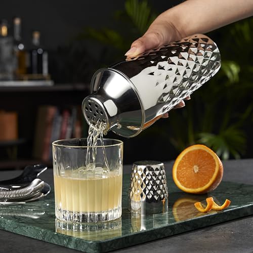 Viski Diamond Cocktail Shaker Set, 25 oz Faceted Stainless Steel Shaker With Strainer