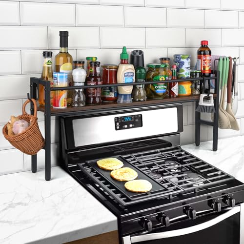 Meangood Spice Rack Shelf for Kitchen Stove, Over the Stove Shelf with 4 Hooks Extra Storage Countertop, Rustic Wood & Sol...