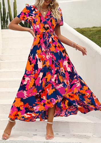 PRETTYGARDEN Women's Boho Floral Maxi Dress Summer Short Sleeve Wrap V Neck Long Flowy Beach Vacation Wedding Guest Dresses