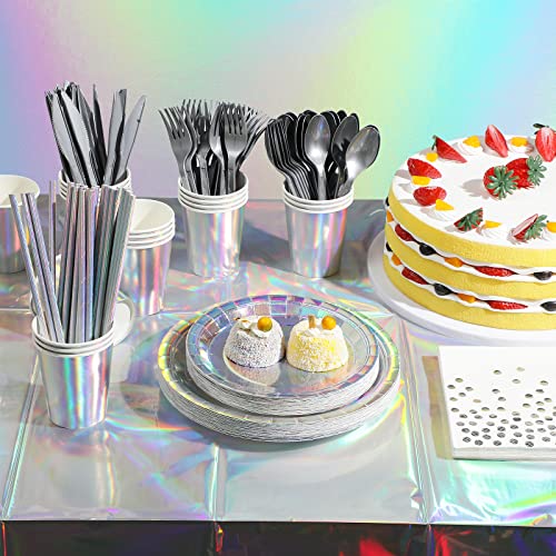 Iridescent Party Supplies Decorations, Holographic Paper Plates and Napkins Set, Disposable Iridescent Paper Plates Cups K...