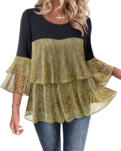 Bebonnie Womens Dressy Sparkly Peplum Tops 3/4 Sleeve Ruffles Elegant Evening Flowy Blouses