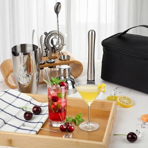 Widecook Bartender Kit Bag with Stand Portable Cocktail Shaker Set, 17 Pcs 25oz Stainless Steel Barware Kit with Jigger, S...