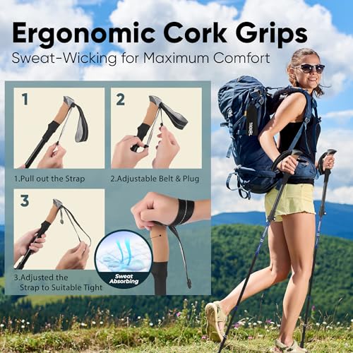 TREKOLOGY Hiking Poles with Real Cork Grips, Adjustable for Heights 5'2'' to 6'5'' – Lightweight Trekking Poles, Aircraft-...
