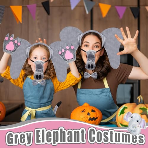 Xuyyicao 5 Pcs Grey Elephant Costume Set,Fuzzy Elephant Ears Nose Tail Gloves Bowtie Kit,Animal Costumes for Halloween Cos...