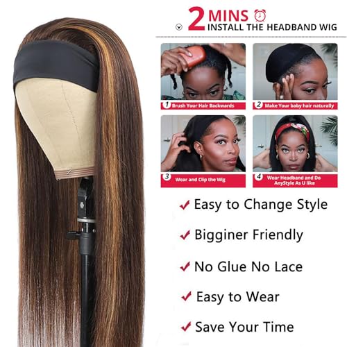 Highlight Ombre Straight Headband Wigs Human Hair Ombre Headband Wig for Women Machine Made Wig Brazilian Virgin Human Hair 150% Density 22 Inch