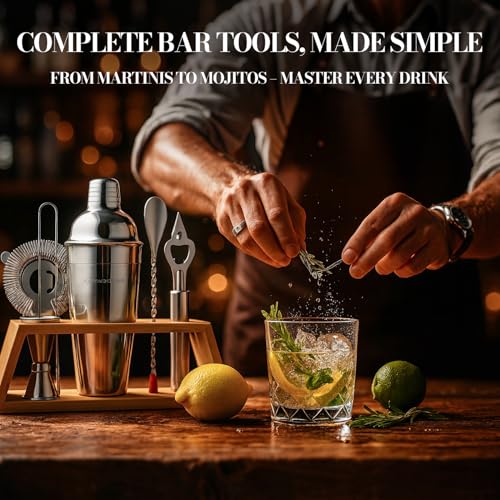 Cocktail Shaker Set Bartender Kit with Bamboo Stand – Professional Martini Shaker, Premium Stainless Steel Shaker Bottle, ...