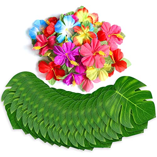 60Pcs Tropical Party Decorations Supplies Tropical Palm Leaves Hibiscus Flower Simulation Artificial Leaf for Hawaiian Lua...