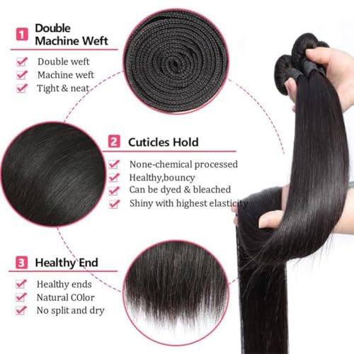 12A Straight Bundles with 2x6 Closure Human Hair 16 18 20 with 14 Inch 100% Unprocessed Brazilian Virgin Human Hair Weave Bundles with 2x6 HD Lace Closure