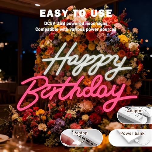 Neoflarea Happy Birthday Neon Sign, Birthday Neon Signs for Wall Decor, USB Powered Dimmable Neon Light, LED Happy Birthda...
