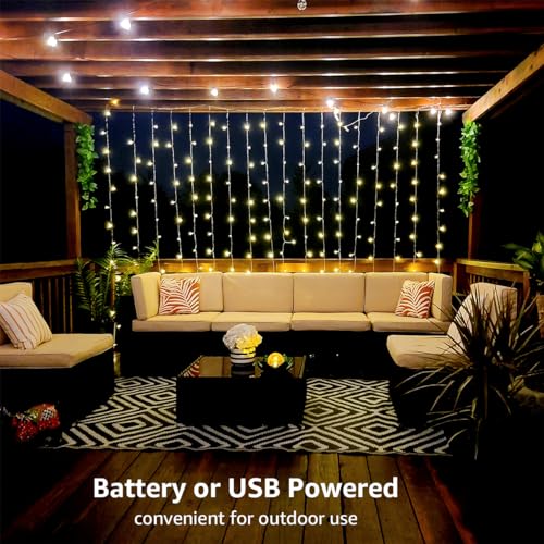 LE Fairy Curtain Lights Battery Operated & USB Plug in, Remote 10 x 10 ft Hanging String Lights for Bedroom Wall, 300 LED ...