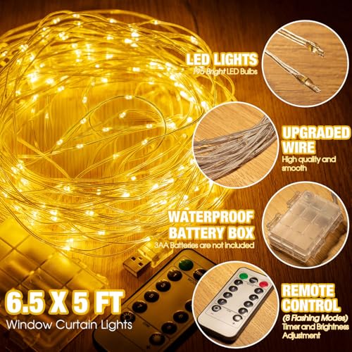 Curtain String Lights 6.5 x 5 ft,195 LED Battery Operated USB Powered light with 8 Modes Dimmable Timer,Copper Tapestry Tw...