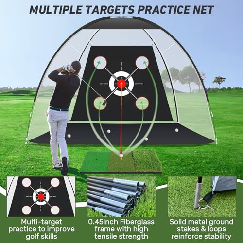 KLAODOT Golf Net with Practice Mat,Golf Hitting Aid Nets 10x7FT for Backyard Driving Chipping Training Swing with Target M...