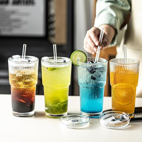 Snextek 20oz Ribbed Glass Tumblers with Lids and Glass Straws -4-Piece Set, Thickened for Iced Coffee, Smoothies,Cocktails...