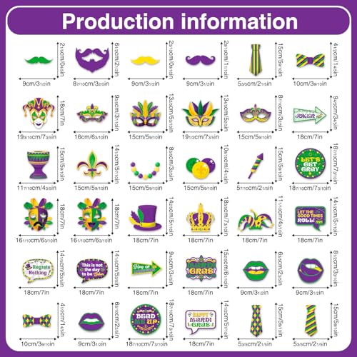 36pcs Mardi Gras Photo Booth Props, Mardi Gras Decorations, Masquerade Photo Booth Props for New Orleans Party Decorations