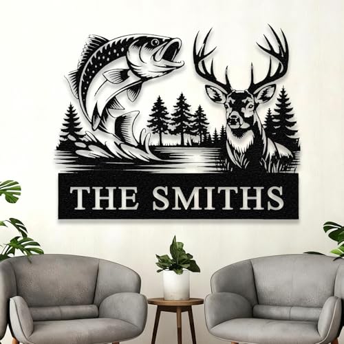 Personalized Deer Hunting & Fishing Metal Sign, Custom Hunter & Fisherman Wall Art Decor - Cabin Wall Decor, Hunter Family...
