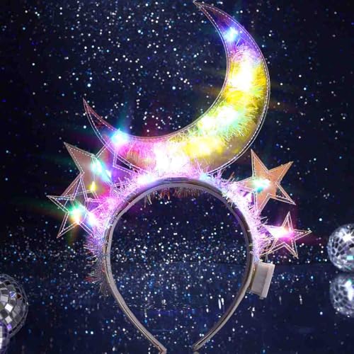 DRESBE Light Up Star Moon Headband New Year LED Headbands NYE Glow Party Hair Accessories for Women (Colorful Light)