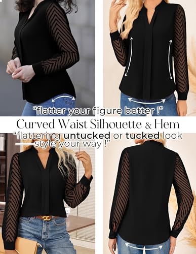 GRACE KARIN Women Business Casual Tops Sheer Lace Long Sleeve Blouses Work Office Pleated V Neck Shirt Fall Formal Outfits