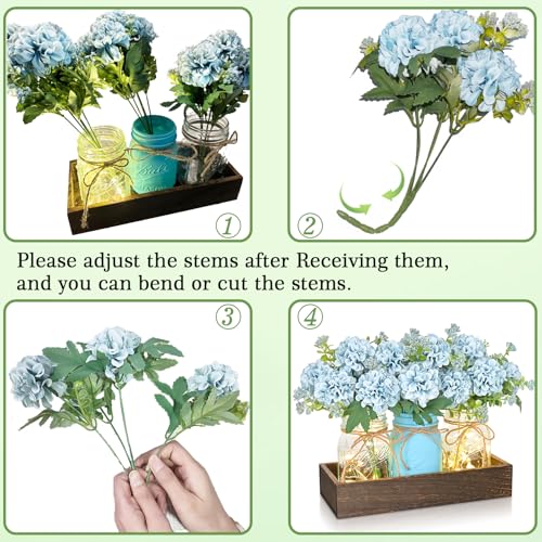 BLEUM CADE Centerpiece Table Decorations - 3Pcs Hydrangea Artificial Flowers in Mason Jars with Wood Tray for Dining Table...