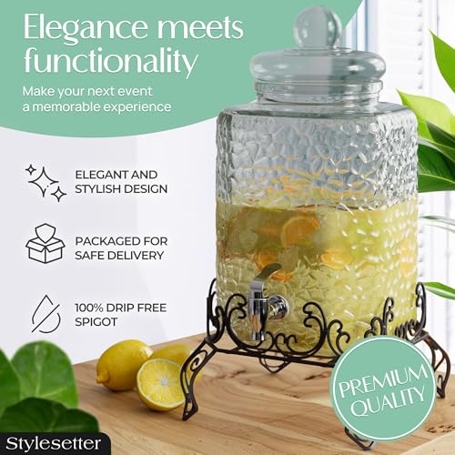 Style Setter Homestead Beverage Dispenser Cold Drink Dispenser w/ 2.5-Gallon Capacity Glass Jug, Metal Rack & Leak Proof A...