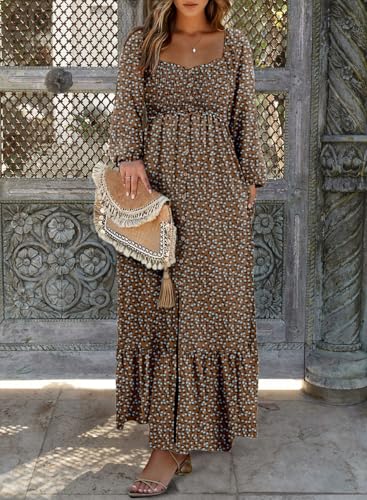 Dokotoo Womens Dresses Spring Summer 2026 Boho Floral Smocked Empire Waist Square Neck Long Sleeve Button Beach Maxi Dress