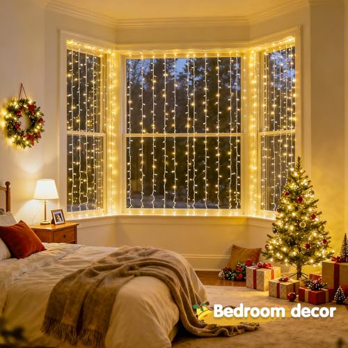 JMEXSUSS 200 LED Christmas Curtain Lights for Bedroom, Warm White Hanging Curtain String Lights Indoor, USB Plug in Christ...