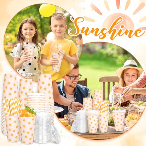 JarThenaAMCS 50 Set Boho Sun Paper Cups with Lids and Straws 16Oz Disposable Cute Sunshine Iced Coffee Tea Cups for Tea Bi...
