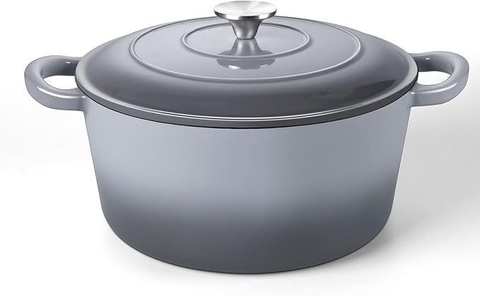 TeamFar Enameled Cast Iron Dutch Oven, 6QT Nonstick Dutch Oven Pot with Lid & Dual Handles for Bread Baking Cooking Braising Simmer Roasting, Non Toxic & Heavy Duty, Multi Stoves & Oven Safe - Gray
