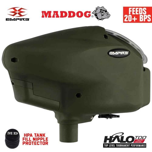 Maddog Empire Halo Too Automatic Electronic Paintball Loader Hopper with HPA Paintball Tank Fill Nipple Protector | Feeds 20+ BPS | Limited Edition Matte Olive | No Speed Feed