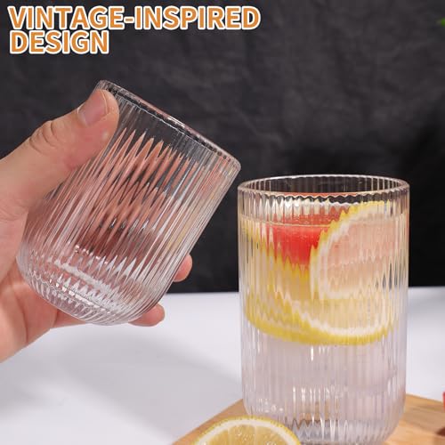 WeirdUncle Set of 8 Ribbed Glassware,4 Highball Glasses 14oz & 4 Rocks Drinking Glasses 9oz, Clear, Origami Style, Fluted ...