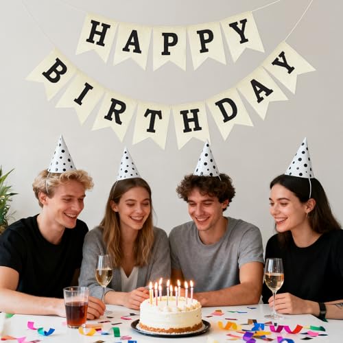 Anwyll Happy Birthday Banner - NO DIY Black Burlap Happy Birthday Banner Sign Happy Birthdays Party Decoration Happy Birth...