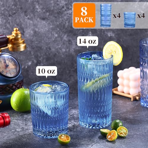 Loivttvv Glassware Drinking Glasses Set of 8, 14 oz Highball Glasses & 10 oz Ribbed Glass Cups, Vintage Glassware for Wate...