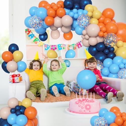 Amandir 153pcs Blue Orange Balloon Garland Arch Kit, Different Sizes 18 12 10 5 inch Navy Blue Yellow Latex Pearlescent Co...