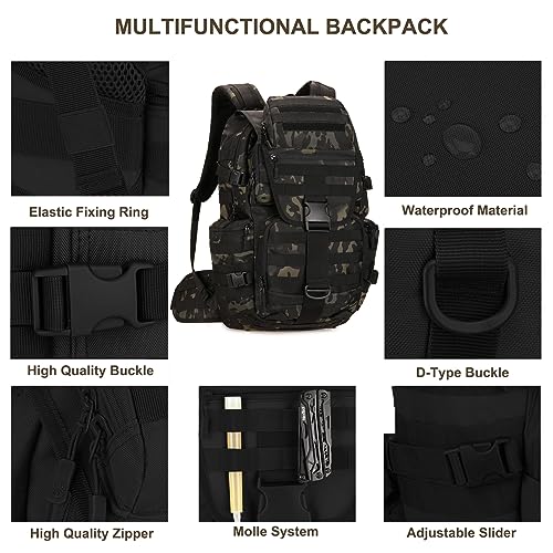 HRTACPAG 50L Military Tactical Backpack Molle Rucksack Large Army 3 Day Assault Pack Heavy Duty Backpack for Men (Black Camo)