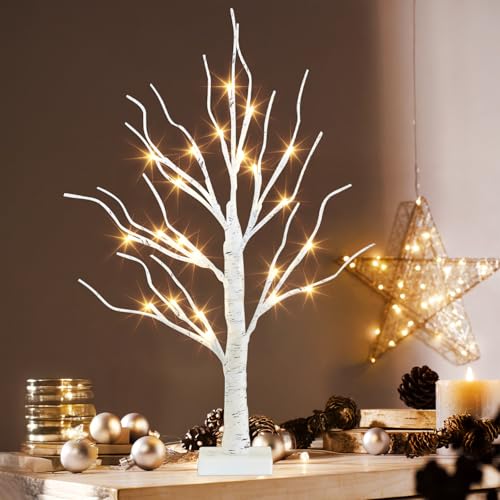 PEIDUO Artificial Tree for Christmas Decorations, 2FT Birch Tree with LED Lights, Warm White Fairy Lights Spirit Tree Lamp...