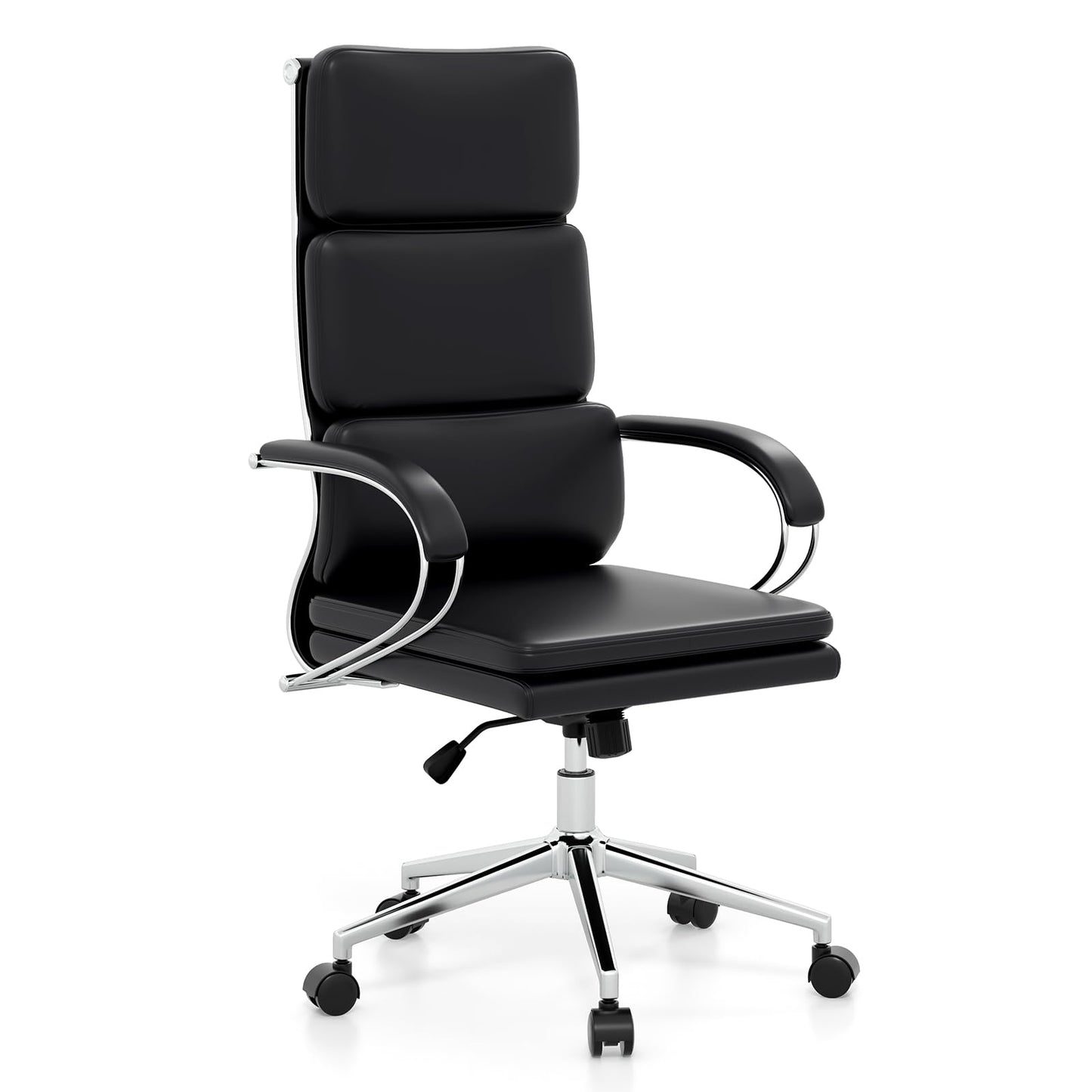 Giantex Ribbed Office Chair, High Back Ergonomic Desk Chair with Wheels & Rocking Function, Swivel Leather Desk Chair w/Arms & Removable Lumbar Support & Seat Cushions, Modern Executive Chair, Black